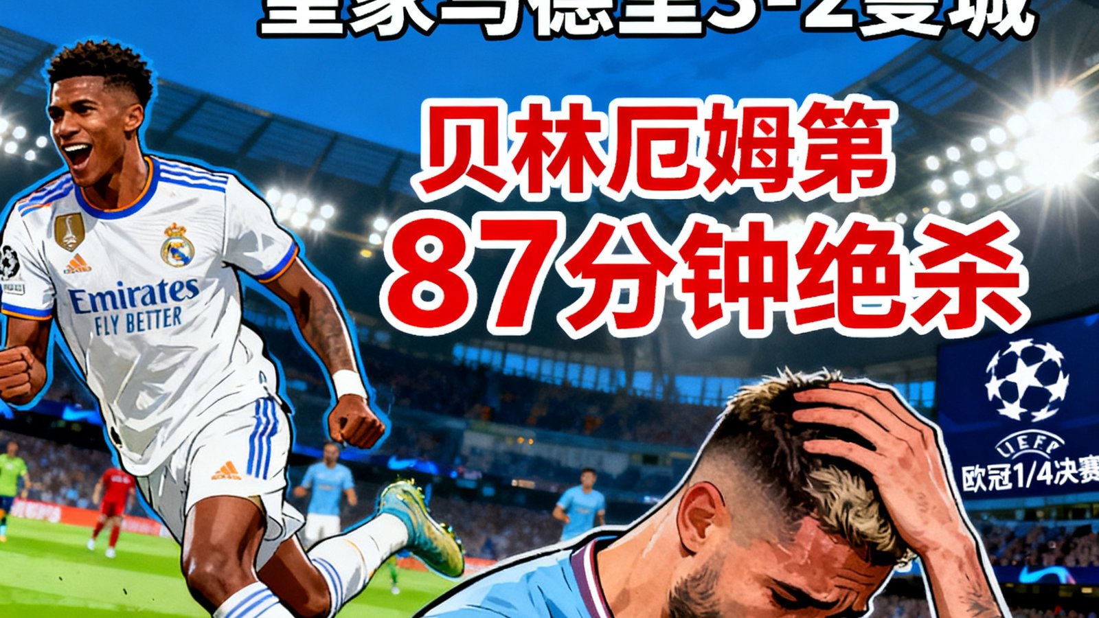 欧冠1/4决赛战报：皇家马德里3-2曼城，贝林厄姆第87分钟绝杀